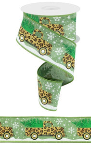 2.5"x10yd Leopard Truck w/Snowy Tree On Royal, Clover Green/Green/Gold/Brown/Black/Yellow/White  B31