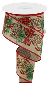 2.5"X10yd Pine Cone/Pine Needle On Royal Burlap, Light Beige/Red/Brown/Green/Gold  B110