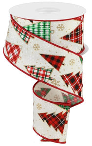 2.5"x10yd Christmas Trees w/Snowflakes On Royal, Ivory/Red/Green/Gold  J47