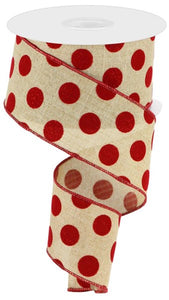 2.5"X10yd Velvet/Glitter Polka Dots, Light Beige/Red  B110