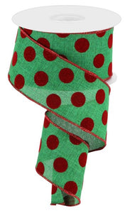 2.5"X10yd Velvet/Glitter Polka Dots, Emerald Green/Red  B110