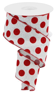 2.5"x10yd Velvet/Glitter Polka Dots, Light Grey/Red  B108