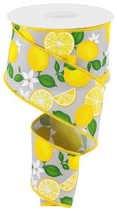 2.5"x10yd Lemon W/Leaves/Flowers, Light Grey/Yellow/Green/White  B113