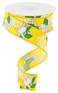 1.5"x10yd Lemon W/Leaves And Flowers On Check, White/Light Grey/Yellow/Green  B111