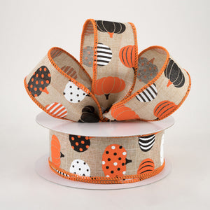 1.5"x10yd Patterned Pumpkins On Royal Burlap, Natural/White/Orange/Black  OC16