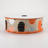 1.5"x10yd Patterned Pumpkins On Royal Burlap, Natural/White/Orange/Black  OC16
