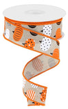 1.5"x10yd Patterned Pumpkins On Royal Burlap, Natural/White/Orange/Black  OC16