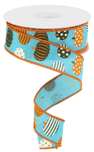 1.5"x10yd Patterned Pumpkins On Royal Burlap, Light Teal/Brown/Orange/Cream  OC29