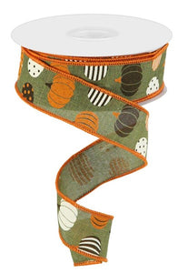 1.5"x10yd Patterned Pumpkins On Royal Burlap, Moss Green/Brown/Orange/Cream  OC16
