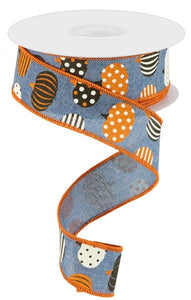 1.5"x10yd Patterned Pumpkins On Royal Burlap, Denim Blue/Brown/Orange/Cream  OC26