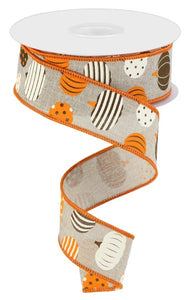 1.5"x10yd Patterned Pumpkins On Royal Burlap, Natural/Brown/Orange/Cream  OC15