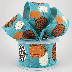 2.5"x10yd Leopard Pumpkins On Royal Burlap, Turquoise/Cream/Orange/Brown, Black  MY30