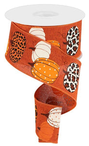 2.5"x10yd Leopard Pumpkins On Royal Burlap, Rust/Cream/Orange/Brown  J25