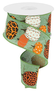 2.5"x10yd Leopard Pumpkins On Royal Burlap, Clover Green/Cream/Orange/Brown  FF42