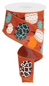 2.5"x10yd Leopard Pumpkins On Royal Burlap, Rust/Turquoise/Orange/Brown/Black  MY32