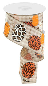 2.5"x10yd Leopard Pumpkins On Check, Beige/Cream/Orange/Brown/Black/White  B24