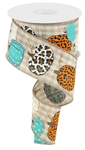 2.5"x10yd Leopard Pumpkins On Check, Beige/Cream/Turquoise/Orange/Brown/Black/White  B24