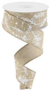 1.5"x10yd Hand Drawn Winter Greenery On Royal Burlap, Light Beige/White  B108
