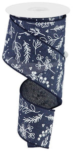 2.5"x10yd Hand Drawn Winter Greenery On Royal, Navy Blue/White  B106