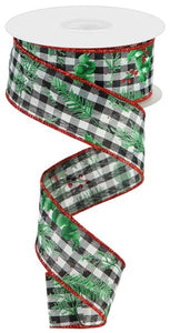 1.5"X10yd Winter Foliage On Check, Black/White/Green/Red  FF84