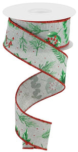 1.5"x10yd Winter Foliage On Royal Burlap, Light Grey/Green/Red/White  M39