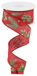 1.5"x10yd Winter Foliage On Royal Burlap, Burgundy/Sage Green/Red/White  M41