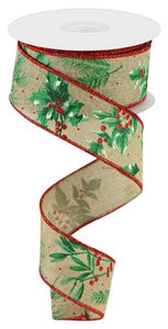 1.5"x10yd Winter Foliage On Royal Burlap, Light Beige/Red/Green/White  MY26
