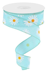 1.5"x10yd Daisy On Royal Burlap, Robins Egg/White/Yellow/Orange  MY15