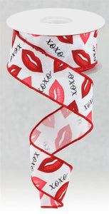 1.5"x10yd Lips XOXO On Royal Burlap, White/Pink/Red/Hot Pink/Black  J63