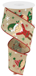2.5"x10yd Elves On Royal Burlap, Light Beige/Red/Black/Brown/Green  B106