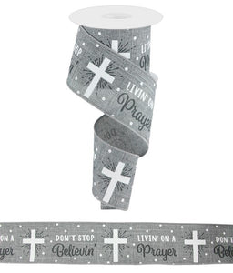 2.5"x10yd Don't Stop Believin' Cross On Royal Burlap, Grey/White/Charcoal  J81