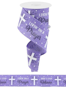 2.5"x10yd Don't Stop Believin' Cross On Royal Burlap, Lavender/White/Charcoal  J75