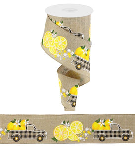 2.5"x10yd Gingham Truck w/Lemons, Light Beige/Yellow/Green/White/Black  OC11