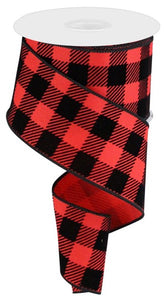 2.5"x10yd Velvet Check Squares On Royal, Red/Black  B100