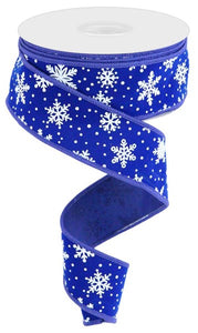 1.5"x10yd Mini Snowflake On Velvet, Royal Blue/White  FB2