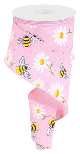 2.5"x10yd Bumblebee Bee w/Daisy On Royal Burlap, Light Pink/White/Yellow/Green/Orange/Black  MY57