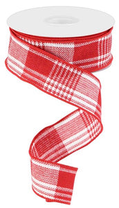 1.5"x10yd Three Stripe Rectangular Woven Check, White/Red  B104