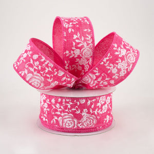 1.5"x10yd Mini Rose On Royal Burlap, Hot Pink/White  MY42