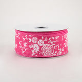 1.5"x10yd Mini Rose On Royal Burlap, Hot Pink/White  MY42
