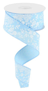 1.5"x10yd Mini Rose On Royal Burlap, Pale Blue/White  J71