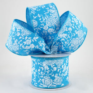 2.5"x10yd Mini Rose On Royal Burlap, Turquoise/White  J80