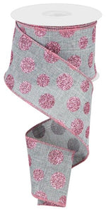 2.5"x10yd Glitter Polka Dots On Royal Burlap, Grey/Pink  B106