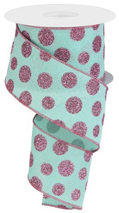 2.5"x10yd Glitter Polka Dots On Royal Burlap, Mint Green/Pink  B107