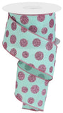 2.5"x10yd Glitter Polka Dots On Royal Burlap, Mint Green/Pink  B107