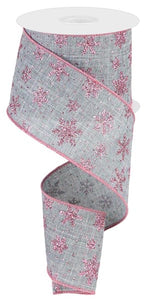 2.5"x10yd Glitter Snowflakes On Royal Burlap, Grey/Pink  B117