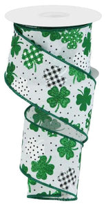2.5"x10yd Patterned Glitter Shamrocks, White/Green/Emerald Green/Black  MY4