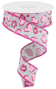 1.5"x10yd Heart Leopard Spots On Royal, Light Grey/Light Pink/Red  B103
