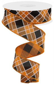 1.5"x10yd Diagonal Check On Royal, Orange/Black/White  B123