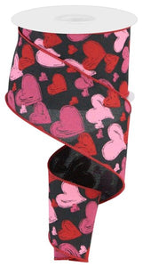 2.5"X10yd Hand Drawn Hearts On Faux Royal, Black/Hot Pink/Light Pink B105