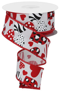 1.5"x10yd Zebra Leopard Print Hearts On Canvas, White/Red/Black  FF37